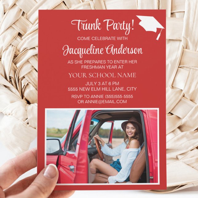 Invitación Foto de Fiesta de zorro del Colegio de Graduación  (Red graduation Trunk Party photo invitation)