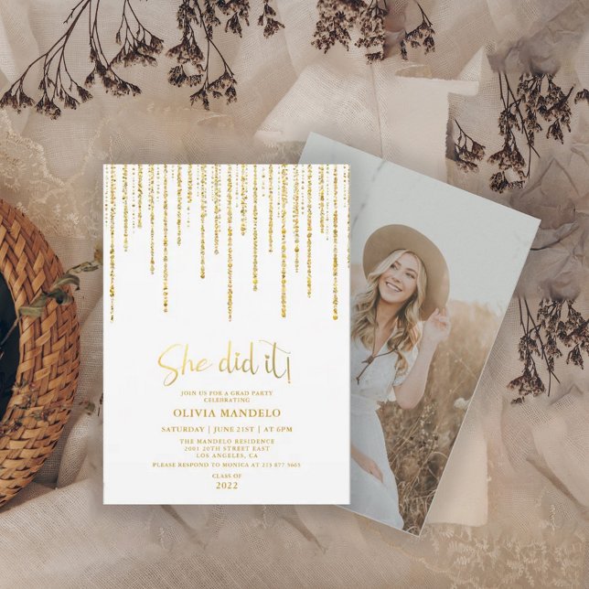 Invitación Foto de Fiesta Grad Purpurina de Oro Moderno (Subido por el creador)