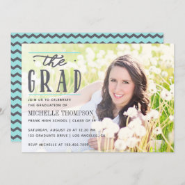 Invitación Foto de Fiesta graduado de Chevron gris y azul