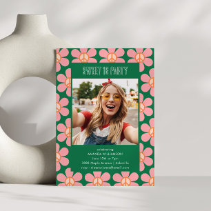 Invitación Foto de fiesta Retro Flower Peace rosa verde Sweet