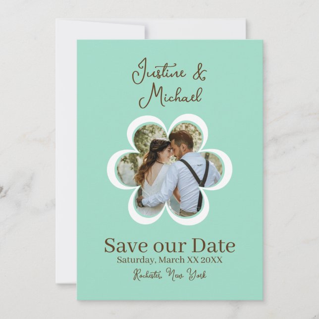 Invitación Foto de Flor Retro para Boda en Turquesa Save the  (Anverso)