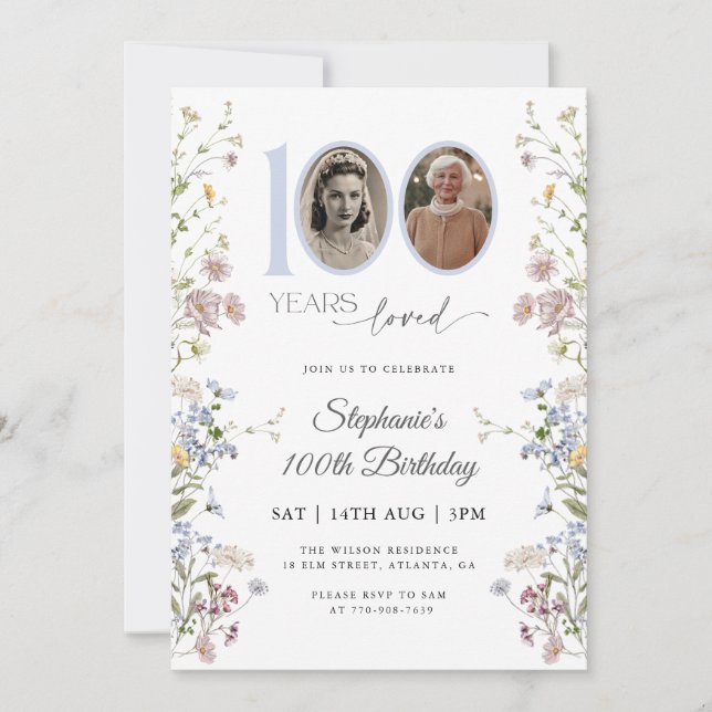 Invitación Foto de Flor silvestre 100 cumpleaños (Anverso)
