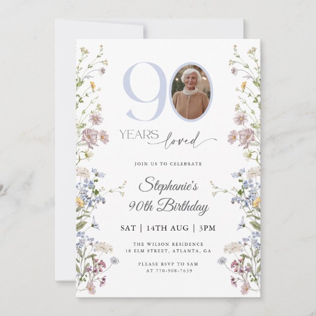 Invitación Foto de flor silvestre 90 cumpleaños (Anverso)