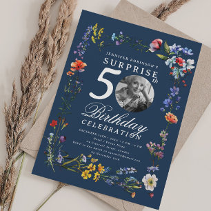 Invitación Foto de Flor Silvestre SORPRESA 50 Cumpleaños Azul