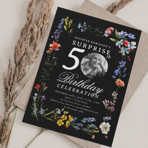 Invitación Foto de Flor silvestre SURPRISE 50 cumpleaños negr