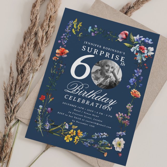 Invitación Foto de Flor silvestre SURPRISE 60 cumpleaños Mari (Wildflower Photo SURPRISE 60th Birthday Navy Blue Invitation)