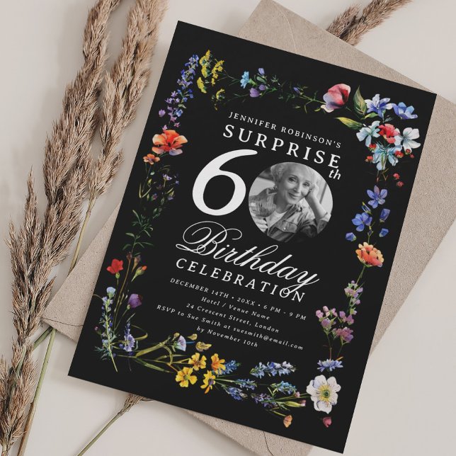 Invitación Foto de Flor silvestre SURPRISE 60th Birthday Blac (Wildflower Photo SURPRISE 60th Birthday Black Invitation)