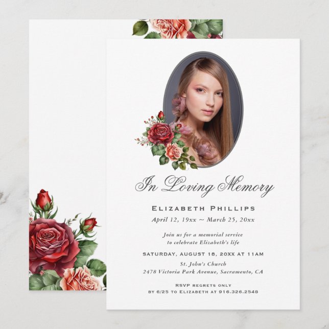 Invitación Foto De Floral De Rosa Roja En Memoria Amada (Anverso / Reverso)