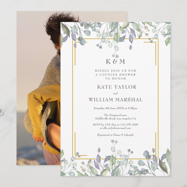 Invitación Foto de Floral Monogram de Boda para Parejas en la (Anverso / Reverso)