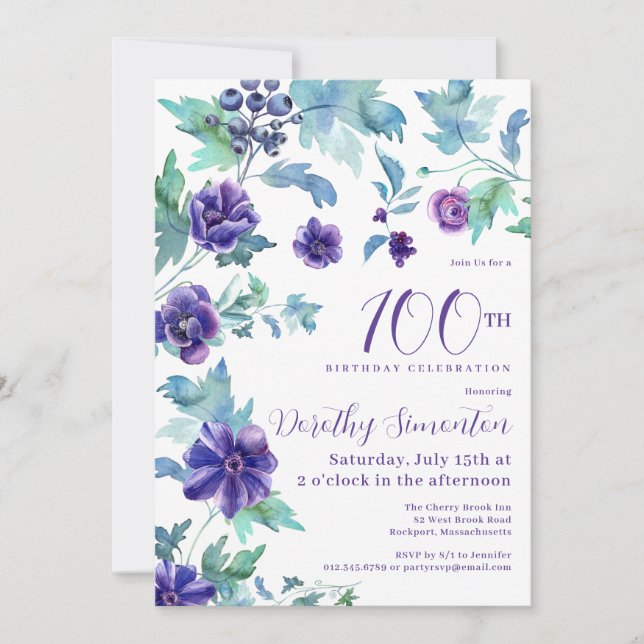 Invitación Foto de Floral Púrpura Oscura 100 cumpleaños (Anverso)