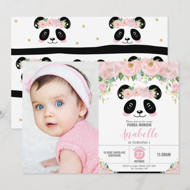 Invitación Foto de floral rosa del partido de cumpleaños Cute (Anverso / Reverso)