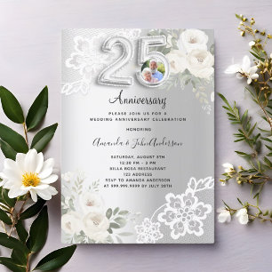 Invitación Foto de florales plateados 25 años de boda