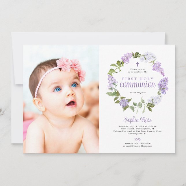 Invitación Foto de Flores de Lila Rústicas Primera Comunión (Anverso)