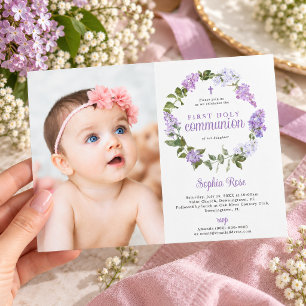 Invitación Foto de Flores de Lila Rústicas Primera Comunión