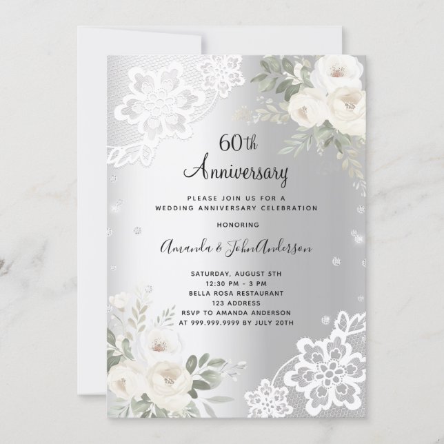 Invitación Foto de flores plateadas para 60 aniversario de bo (Anverso)
