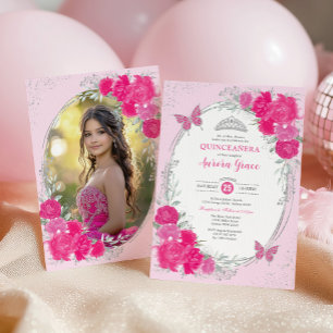 Invitación Foto de Flores Rosa Plata para Quinceañera Cumplea