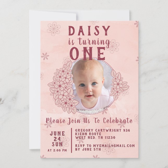 Invitación Foto de flores rosadas de doodle (Anverso)