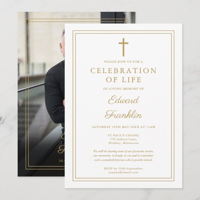 Invitación Foto De Funeral De La Celebración Cristiana De Oro (Anverso / Reverso)