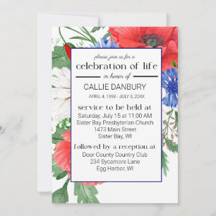 Invitación Foto de funeral de Red White & Blue Florals