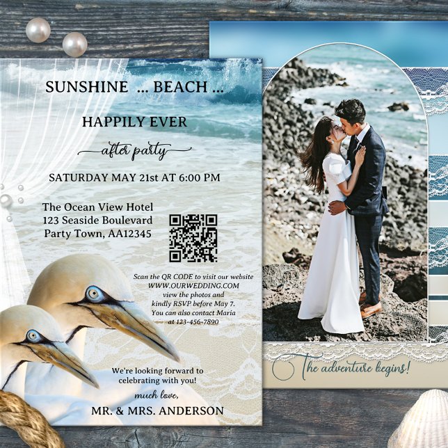 Invitación Foto De Gannet QR Beach Feliz Para Siempre Después (Happily ever after beach wedding invitation with elegant gannets and QR code template)