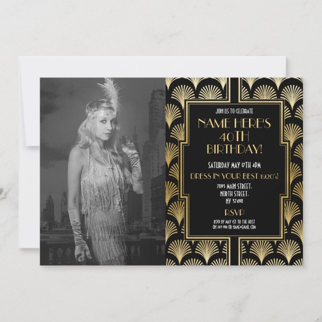 Invitación Foto de Gatsby Fiesta Gold del cumpleaños Art Deco (Anverso)