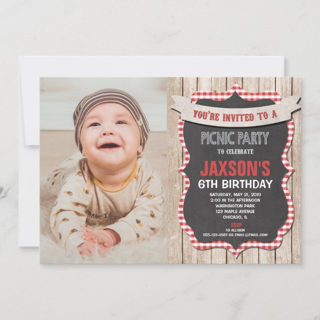 Invitación Foto de gingham roja de cumpleaños fiesta de picni (Anverso)