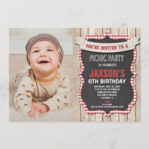 Invitación Foto de gingham roja de cumpleaños fiesta de picni