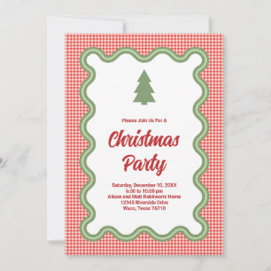 Invitación Foto de Gingham Rojo con Borde Verde Ondulado de T