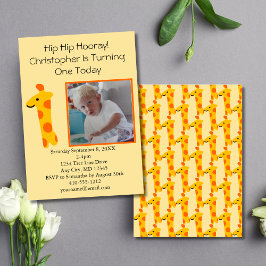 Invitación Foto de Giraffe Naranja y primer cumpleaños amaril