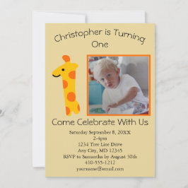 Invitación Foto de Giraffe Naranja y primer cumpleaños amaril