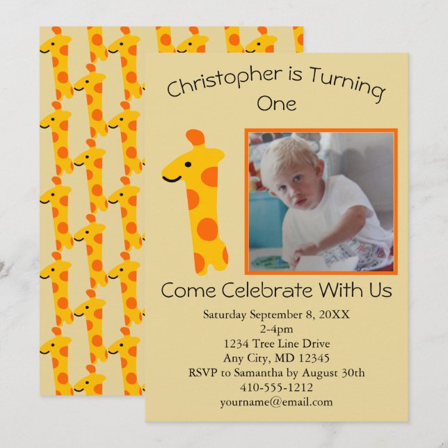 Invitación Foto de Giraffe Naranja y primer cumpleaños amaril (Anverso / Reverso)