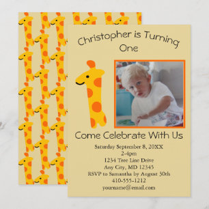 Invitación Foto de Giraffe Naranja y primer cumpleaños amaril
