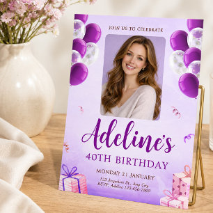 Invitación Foto de Globo Morado para Cumpleaños 40 de Mujeres