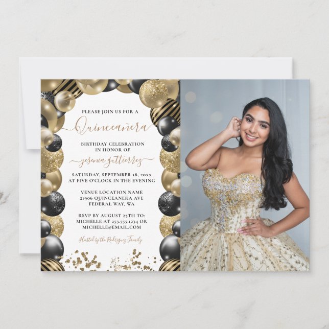 Invitación Foto de globo Quinceanera de chispa negra dorada (Anverso)