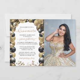 Invitación Foto de globo Quinceanera de chispa negra dorada