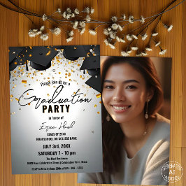 Invitación Foto de gorras de graduación en cascada y confeti 