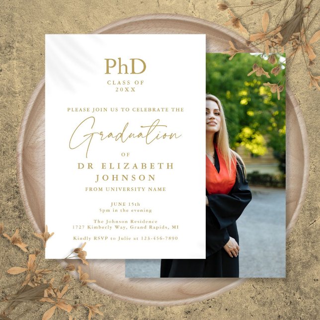 Invitación Foto de grado de doctorado de guión dorado Fiesta  (Gold Script PhD Degree Photo Graduation Party Invitation)