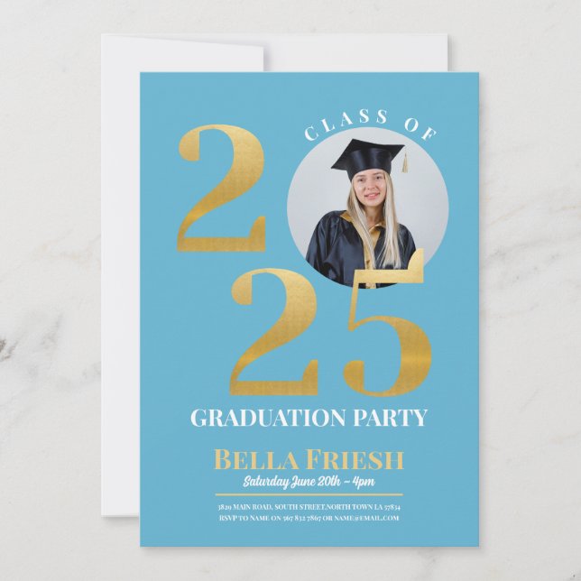 Invitación Foto de graduación 2025 Azul de oro (Anverso)