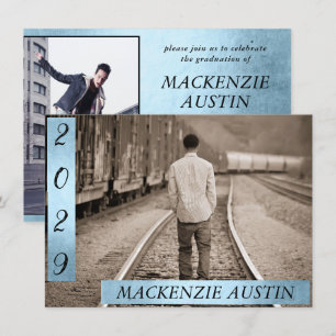 Invitación Foto de graduación 2   Blue Faux Metallic Keepsake