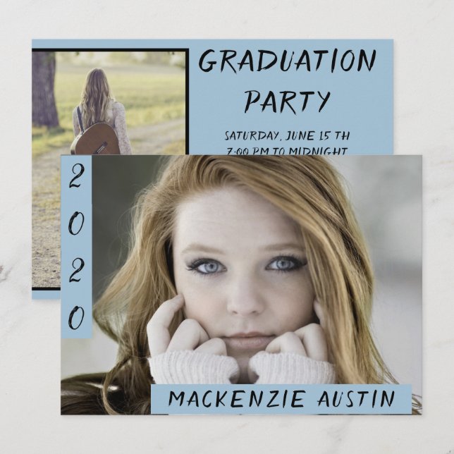 Invitación Foto de graduación 2 | Fiesta ligero azul moderno (Anverso / Reverso)