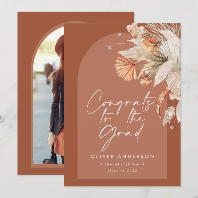 Invitación Foto de graduación arco terracota pampas botánico (Anverso / Reverso)