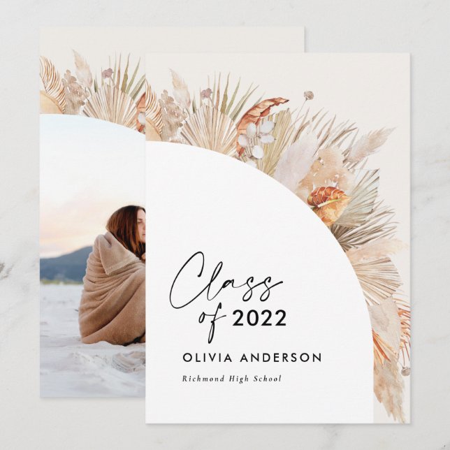 Invitación Foto de graduación arco terracota pampas botánico (Anverso / Reverso)