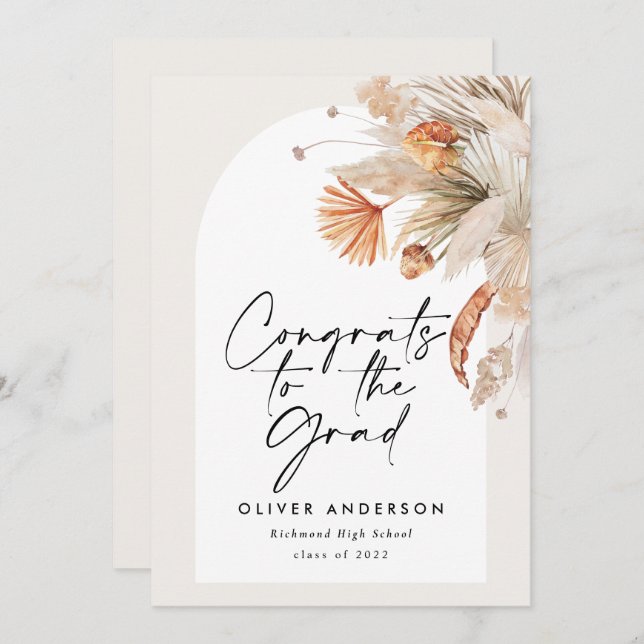 Invitación Foto de graduación arco terracota pampas botánico (Anverso / Reverso)