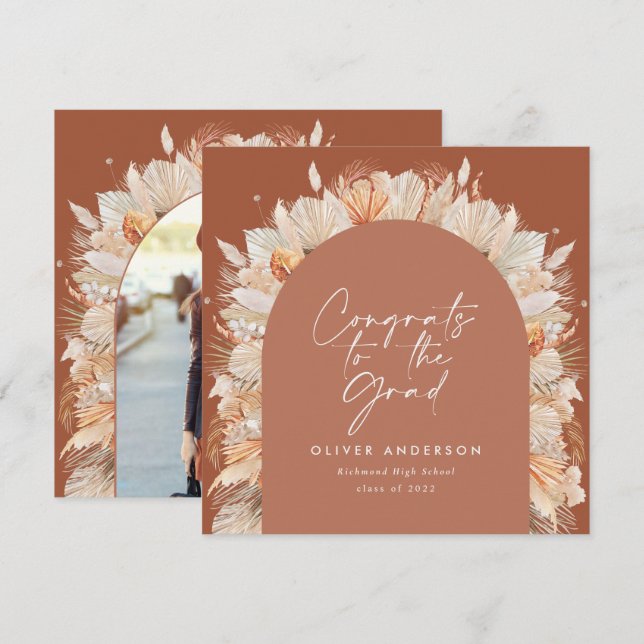Invitación Foto de graduación arco terracota pampas botánico (Anverso / Reverso)