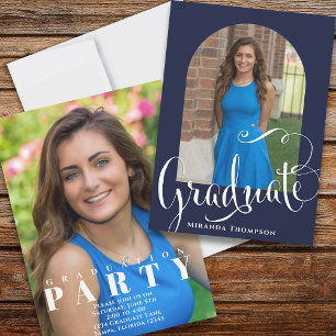 Invitación Foto de graduación caligrafía guión azul de la mar