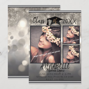 Invitación Foto de graduación con brillo gris plateado