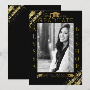 Invitación Foto de graduación con brillo negro y dorado Gradu