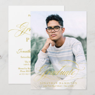 Invitación Foto de graduación con escritura elegante en oro d