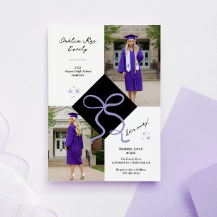 Invitación Foto de graduación con gorra y lazo morado minimal
