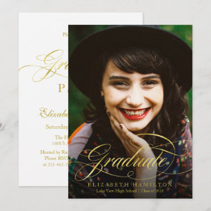 Invitación Foto de Graduación con Hoja de Oro y Letra Elegant